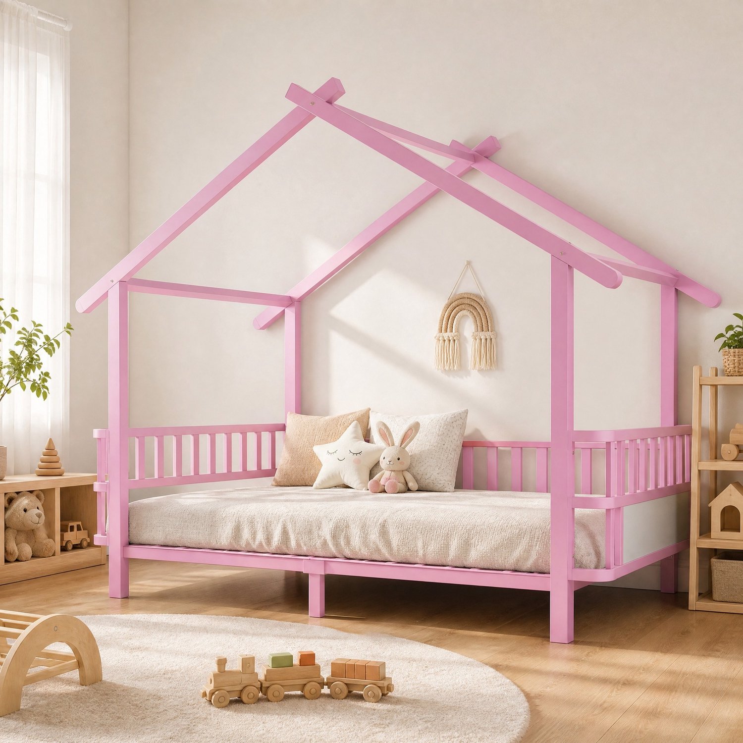 MEUNIQ kinderbed 90 x 200 cm – roze metalen huisbed met open dakframe, zijhekken en 15 bedlatten voor de kinderkamer