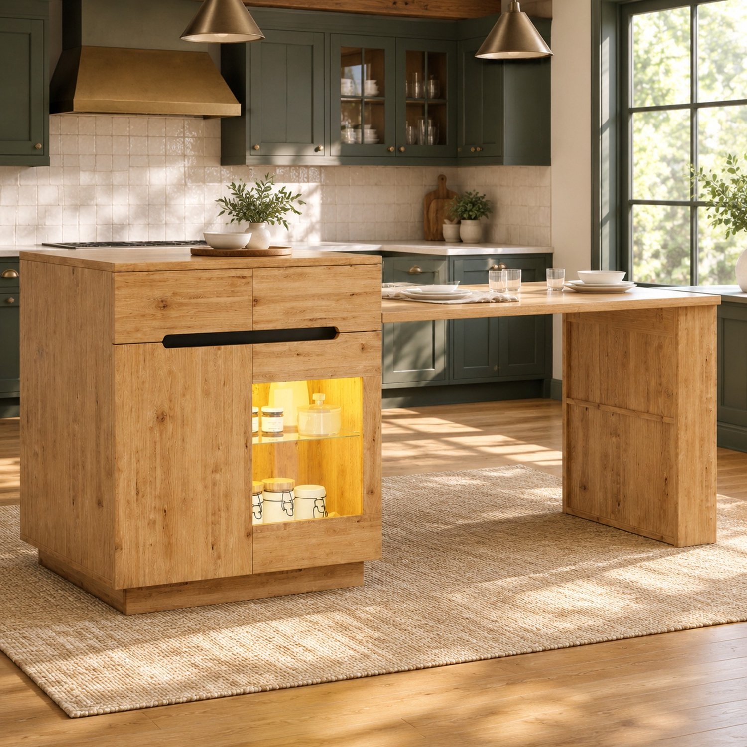 MEUNIQ Keukeneiland met uitschuifbare tafel 122–195 cm, lades, glazen deur, open vakken en ledverlichting, eikenlook, voor keuken en eetkamer