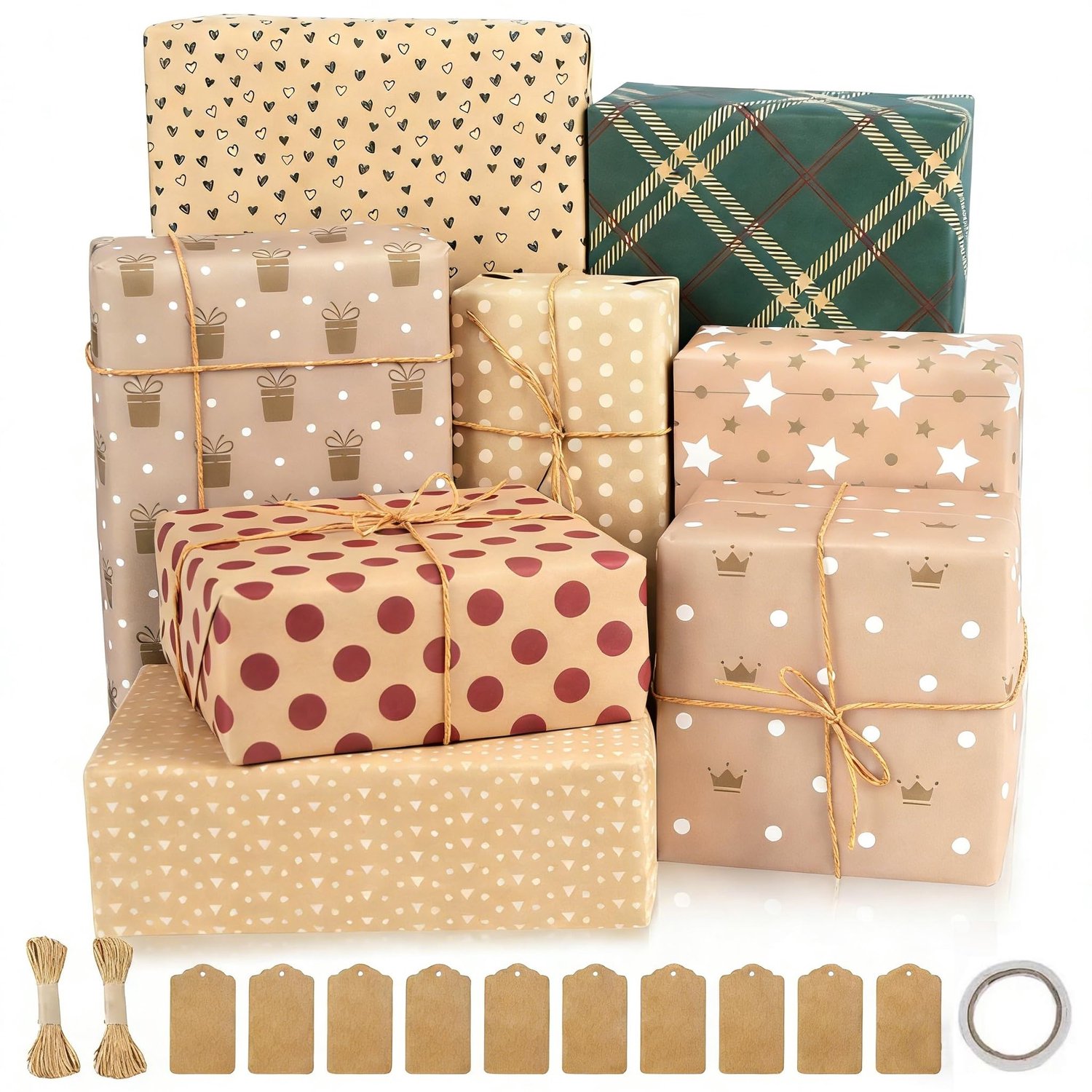 Cadeaupapier Set - 8 Vellen Inpakpapier met 8 Ontwerpen - Cadeaulabels - Papierkoord - Dubbelzijdig Tape - Hoogwaardige Kwaliteit