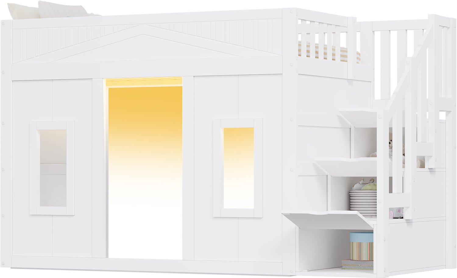 REDOM Hoogslaper 90x200 cm - Opbergtrap met 3 vakken, raamdetail en LED-verlichting - Wit
