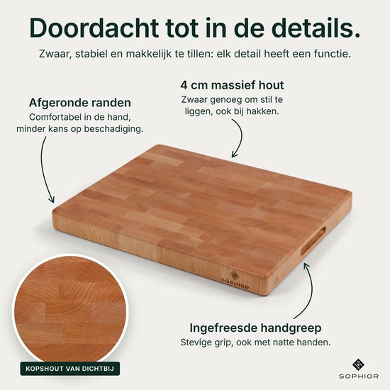 SOPHIOR Houten Snijplank Esdoorn Kopshout - Hakblok 45x35x4 cm - Met Handvaten — cadeau in Kookcadeaus - foto 3