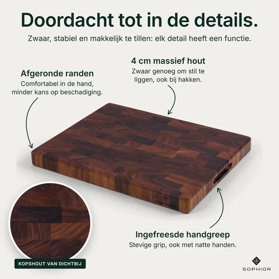 Walnoothouten snijplank met afgeronde randen, 4 cm dikte en ingefreesde handgrepen voor een stevige grip.