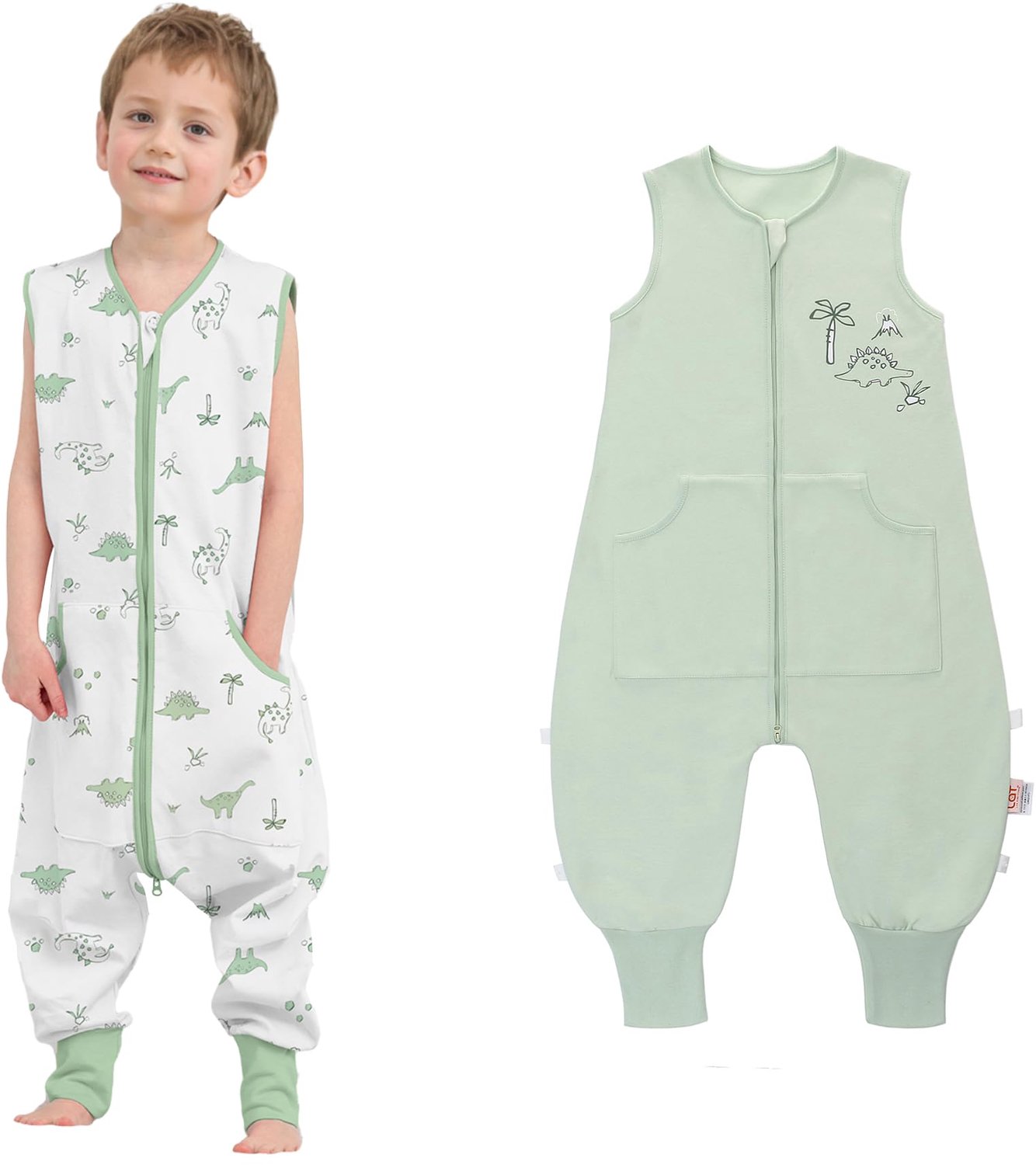 2-Pack Baby Slaapzak met Voeten, Dinosaurus + Groen