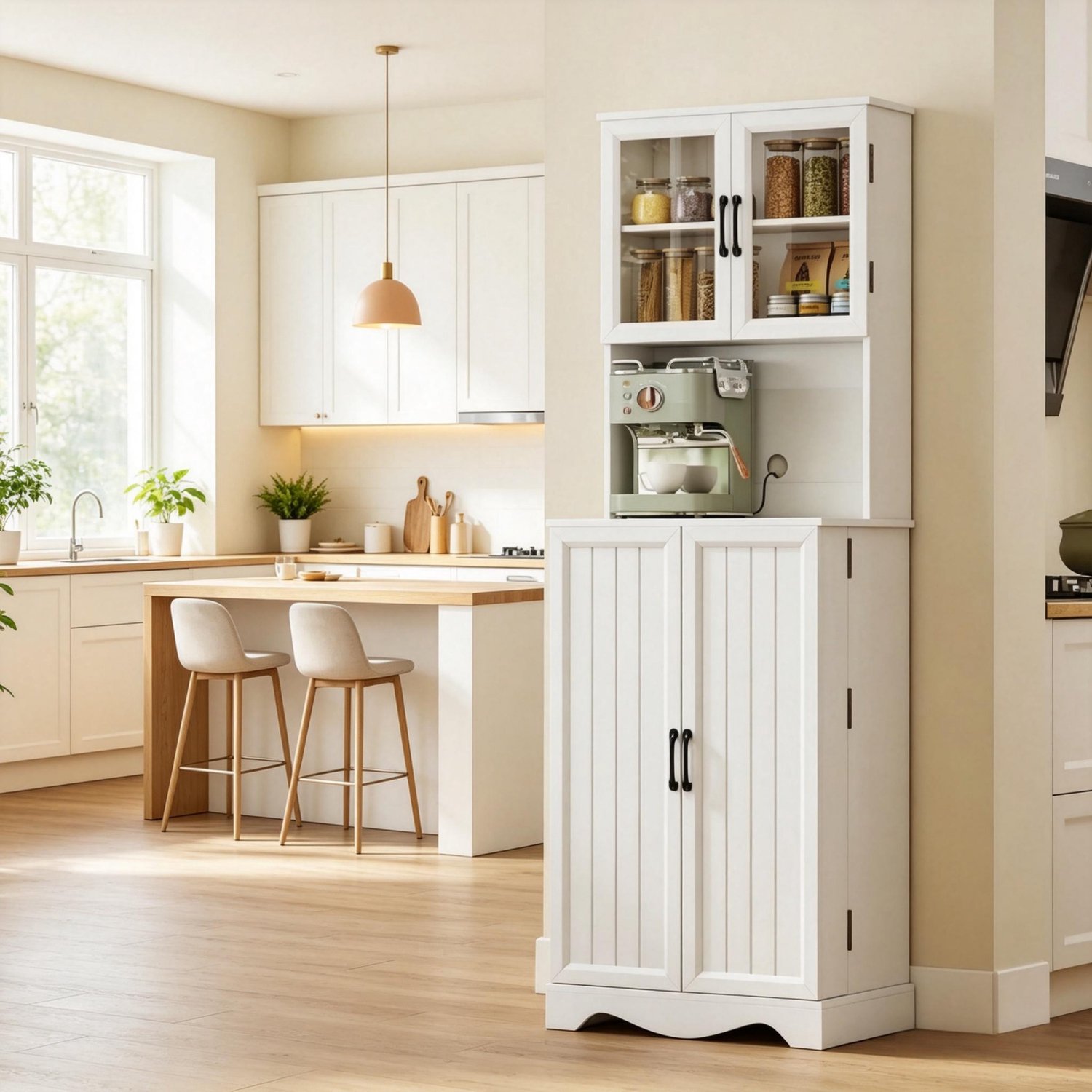 OKWISH Keukenkast - 4 Deuren en 8 Kruidenrekjes - Werkblad en Verstelbare Plank - Voor de Keuken - Wit MDF en Spaanplaat - 60 x 39,5 x 179,6 cm