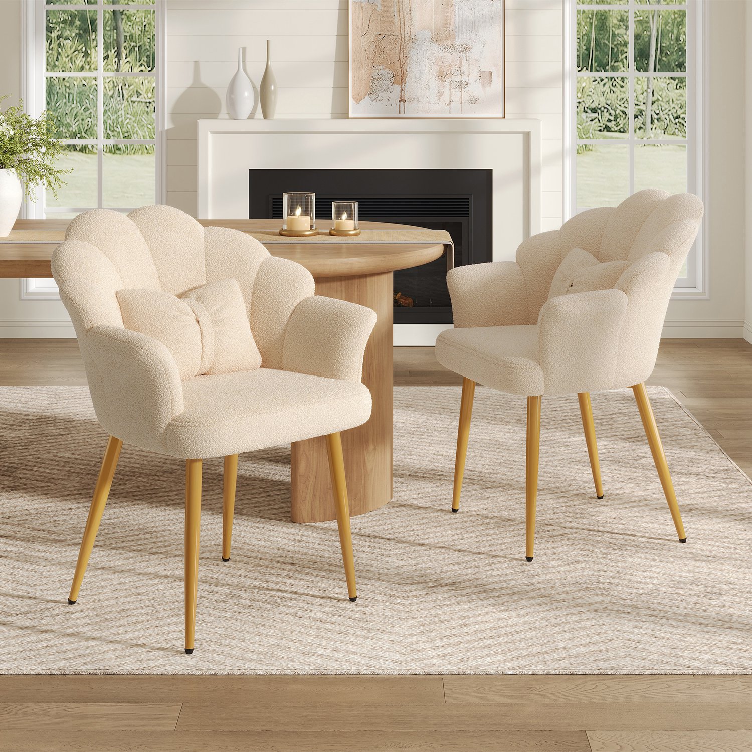 HAUSS SPOLE Eetkamerstoelen - Set van 2 - Bloembladrugleuning met Armleuningen en Kussens - Voor Eetkamer en Slaapkamer - Teddystof Beige