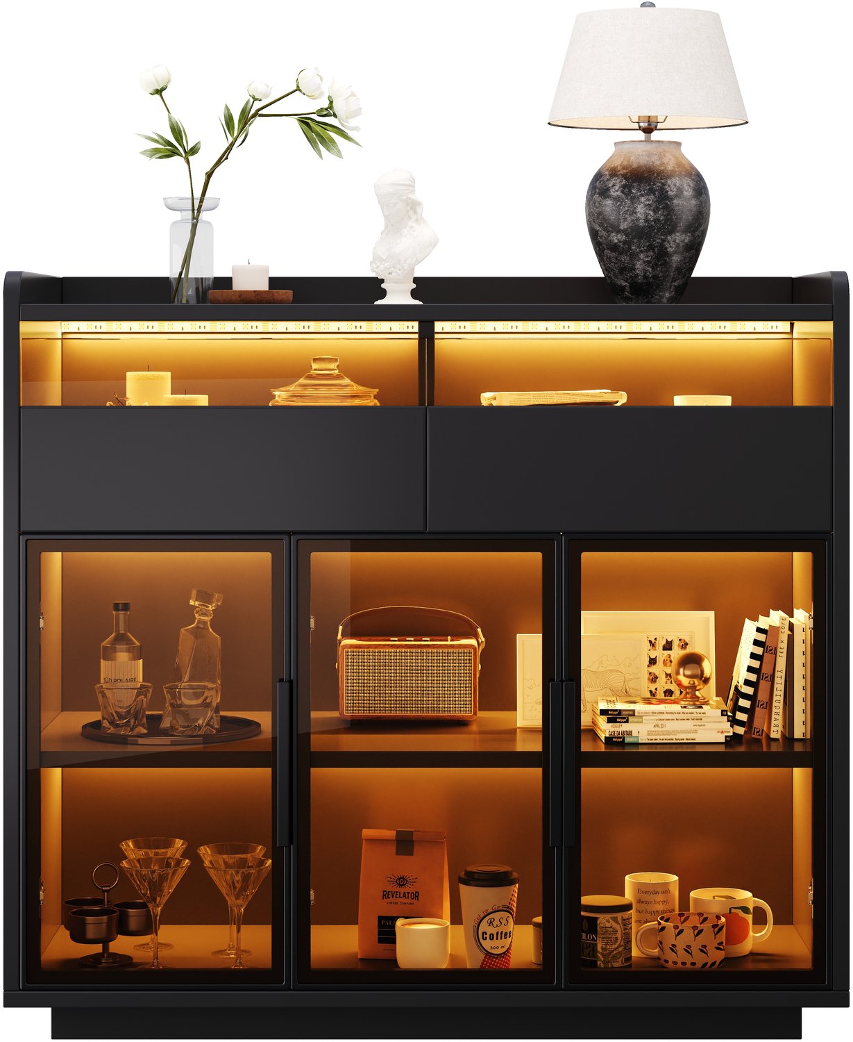 REDOM Vitrinekast 100 x 40 x 91,5 cm - Getint veiligheidsglas, 2 lades en meerkleurige LED-verlichting - Zwart