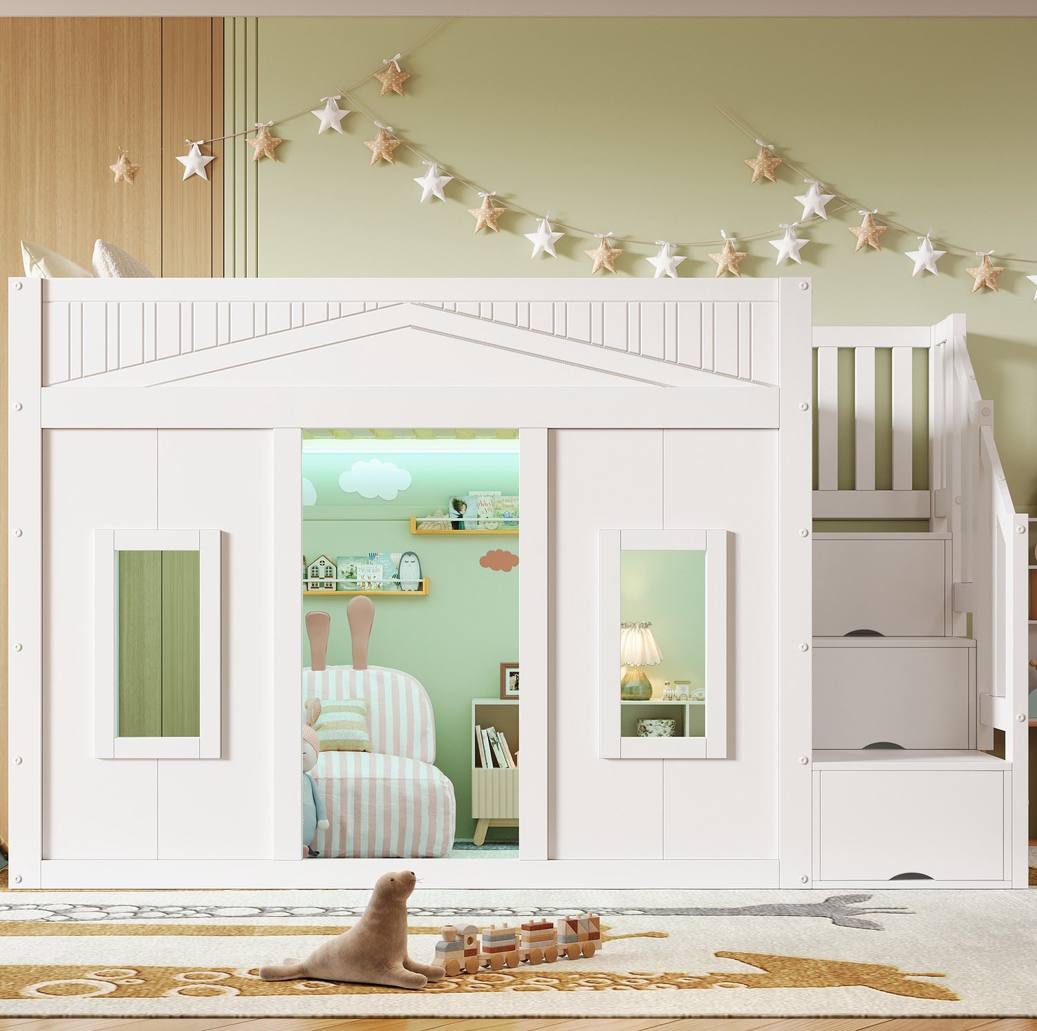 HAUSS SPOLE Hoogslaper 90x200 cm - Kinderbed met Opbergtrap en Raam - Met Hekwerk en Regelbare Ledverlichting - Zonder Matras - Hout en MDF - Wit