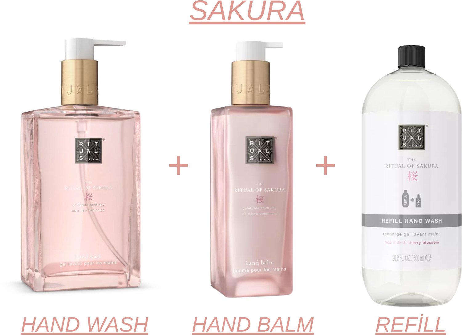 Rituals - Sakura - Hand Wash 300 ml New Design + Hand Balm 175 ml + Refill Hand Wash 600 ml - Handzeep - Handbalsem - Navulling Handzeep
