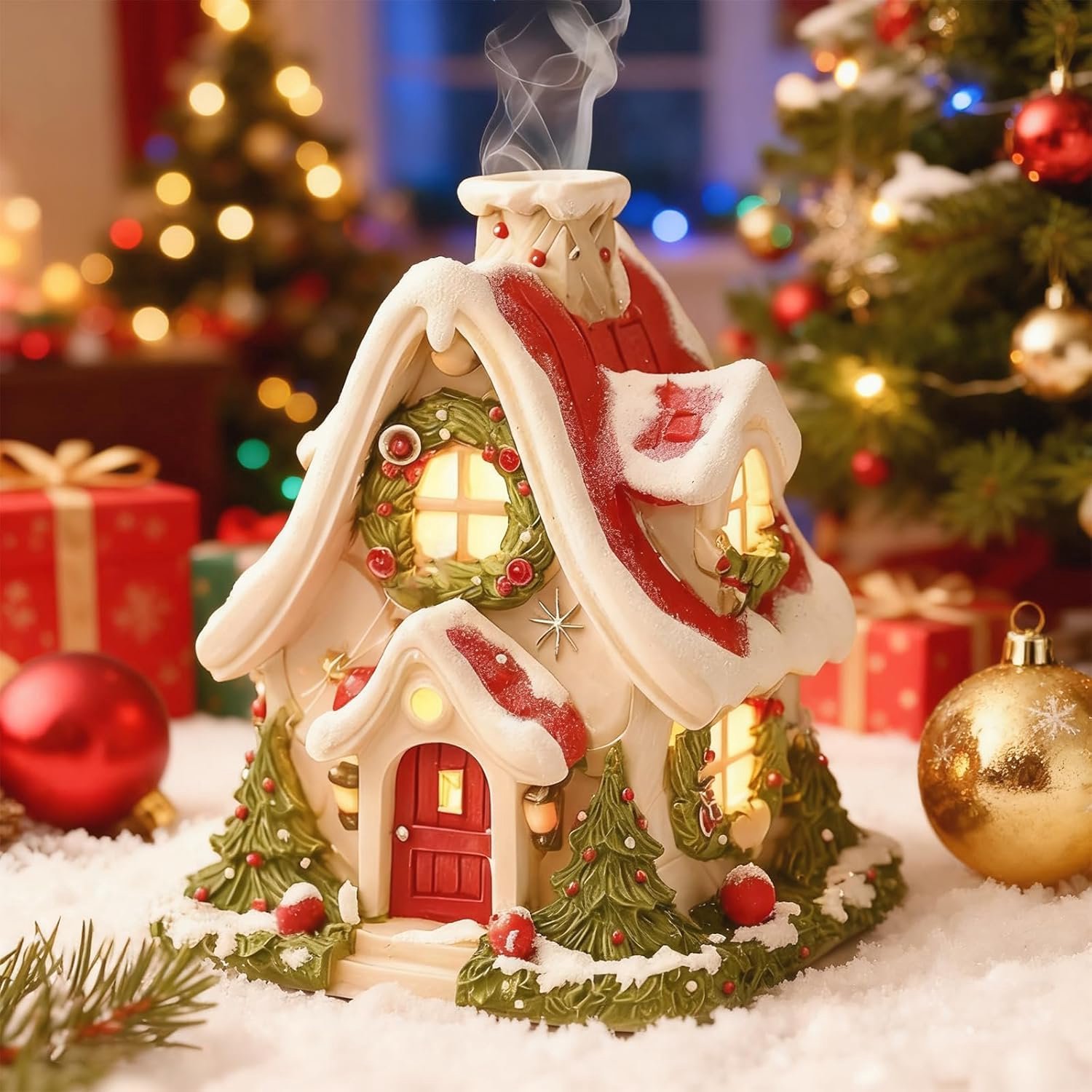 Wierookhuisje Compact - Kerstdecoratie - Rookhuisje - Harsmateriaal - Draagbaar - Lampjes voor warme sfeer - Rookhuis