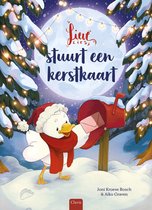 Een eend met kerstmuts en sjaal bij een brievenbus, met 'Lieve Lies stuurt een kerstkaart' in gouden letters.