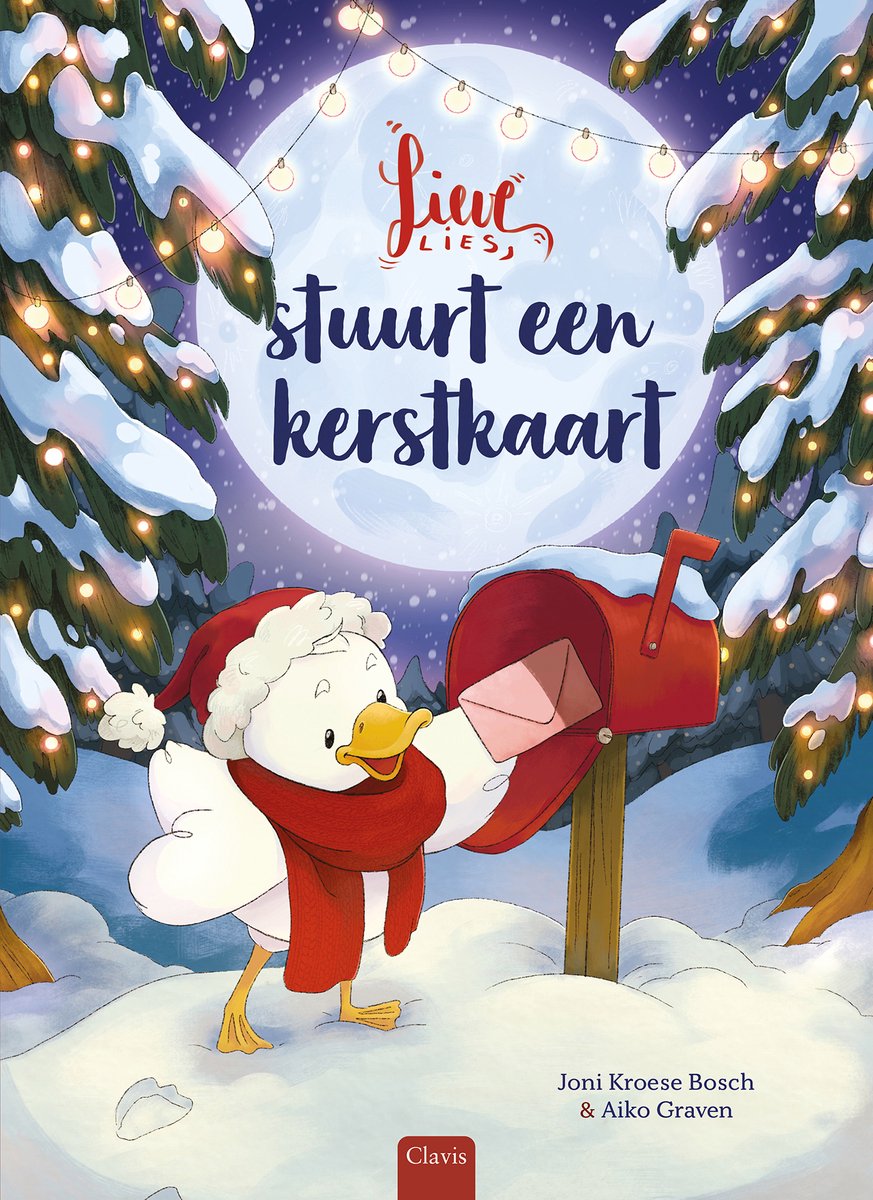 Een eend met kerstmuts en sjaal bij een brievenbus, met 'Lieve Lies stuurt een kerstkaart' in gouden letters.