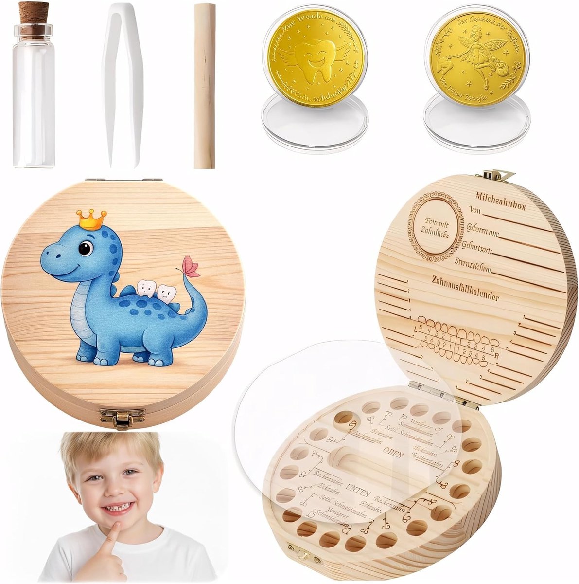 Bewaardoos voor Melktanden - Schattige Dino Box voor Baby Tanden, Tandfee Cadeaus en Herinneringen voor Jongens en Meisjes