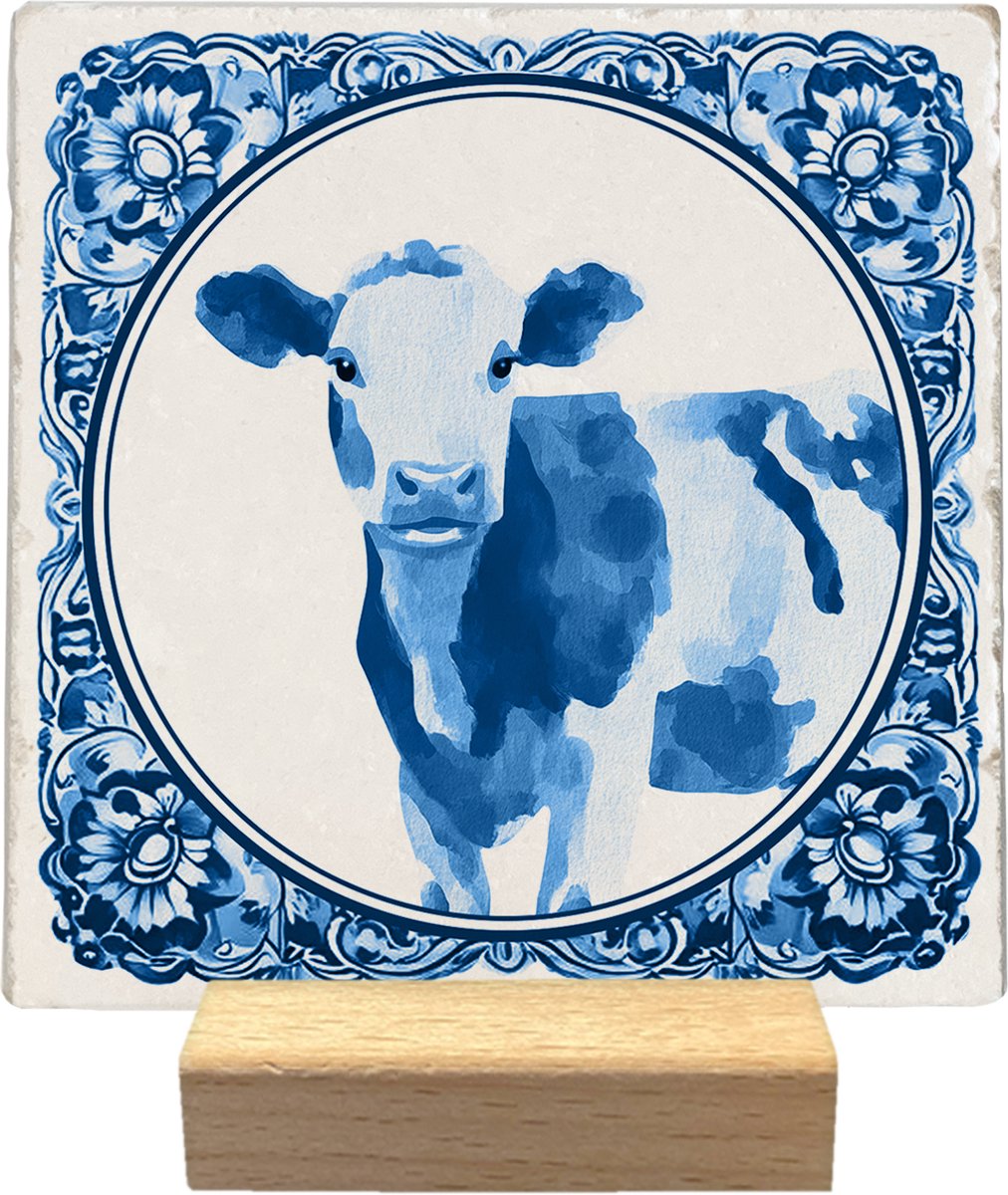 Artige Decoratie tegel - Delfts blauwe koe - natuursteen - 10x10 cm - inclusief houder