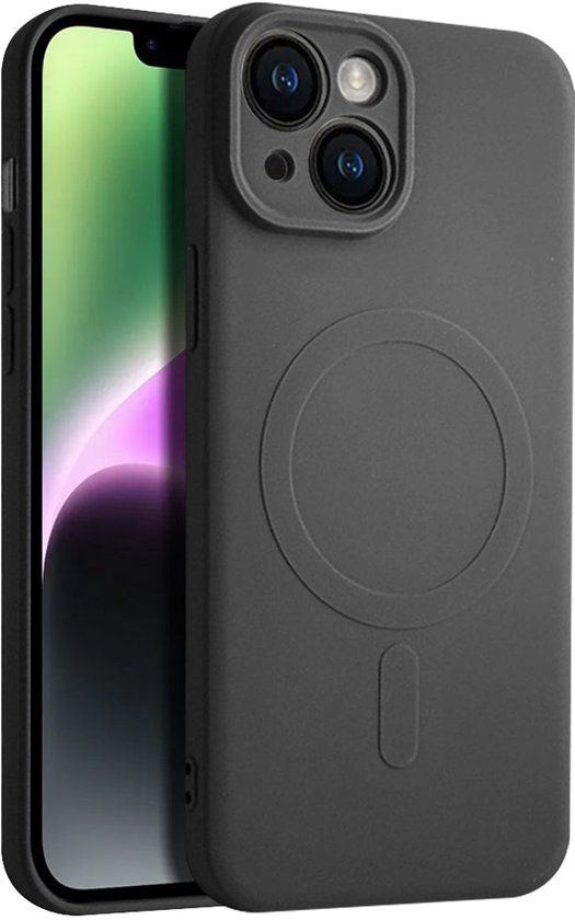 Zwart siliconen hoesje voor iPhone 15 met MagSafe-compatibiliteit en cameralensuitsparing.