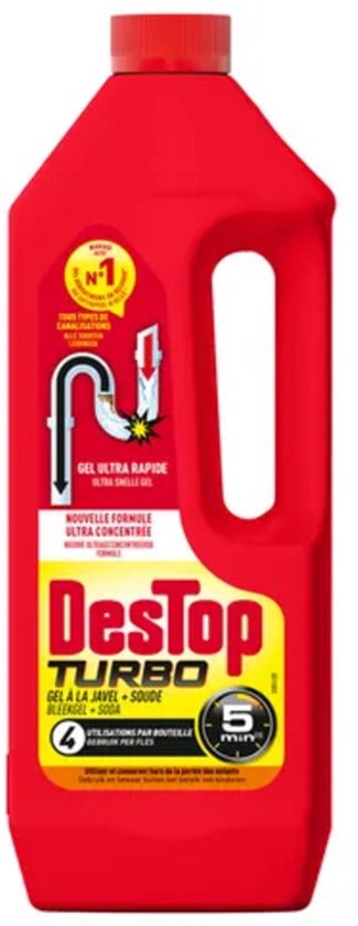 Destop Turbo Gel: Rode fles met gele en witte opdruk. "GEL ULTRA RAPIDE" en "TURBO".