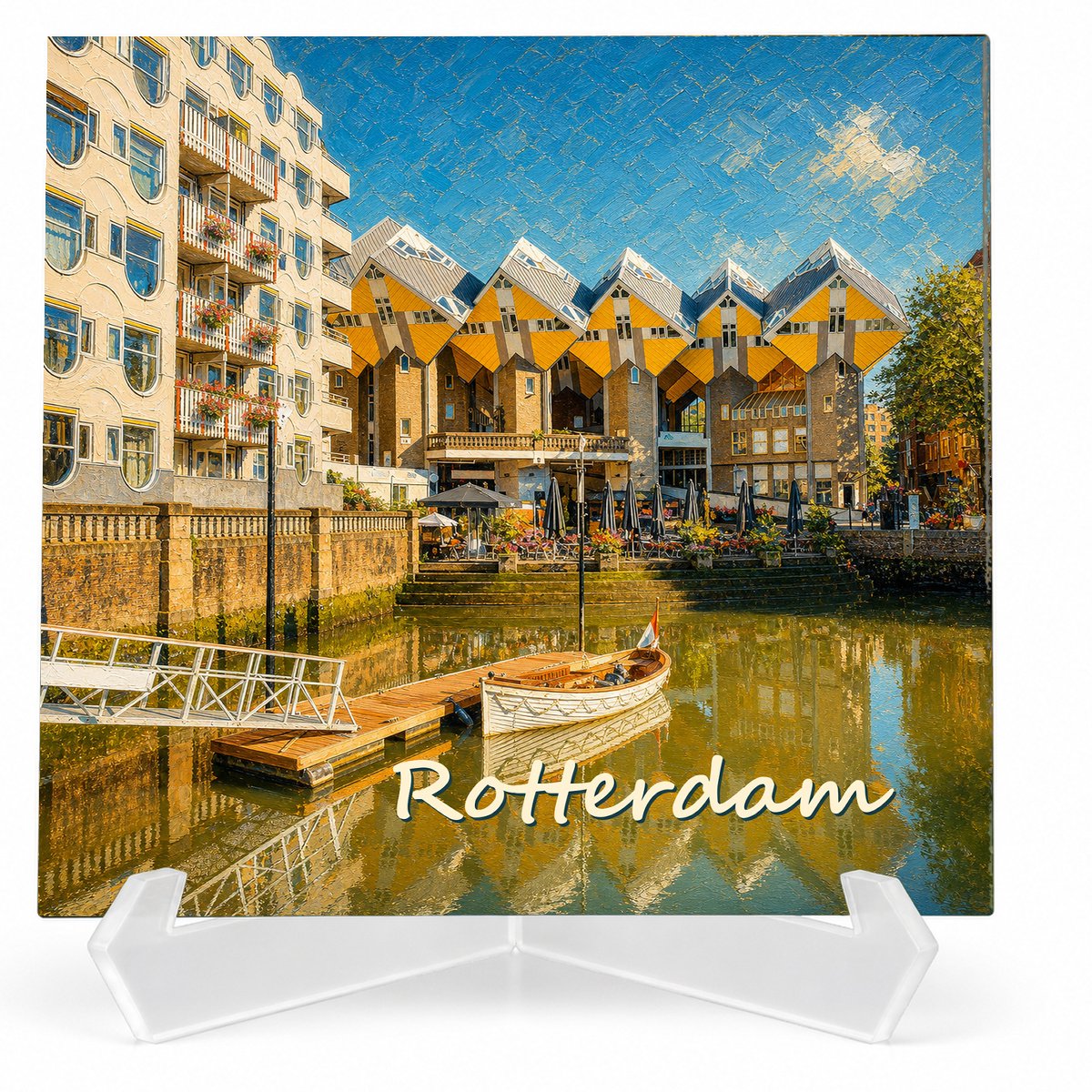 Kleurmedia Tegeltje Rotterdam – Kubuswoningen Oude Haven – Keramiek 15 x 15 cm – Inclusief transparante houder – Souvenir
