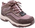 Bruine wandelschoen met roze mesh en leren overlays, een label met '100% WATERPROOF AND BREATHABLE'.