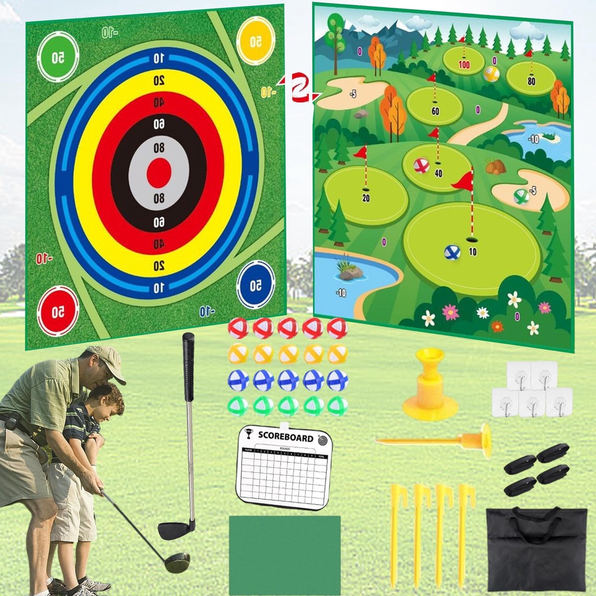 Golf Chipping Game Mat - Dubbelzijdig met Club - Inclusief 20 Ballen - Perfect voor Buiten en Binnen - ShopVlot