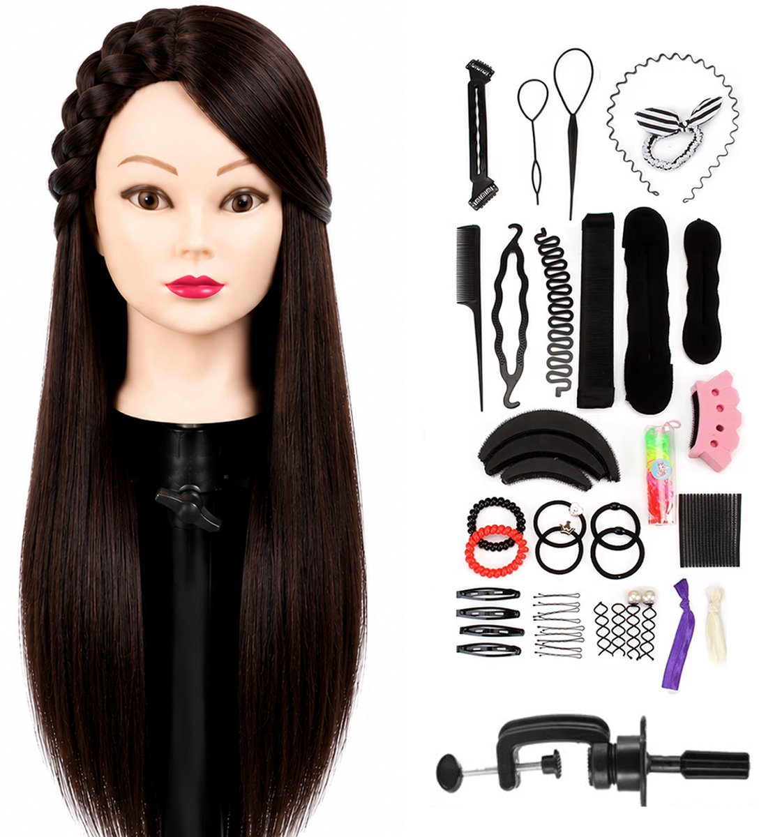 Wigs & More Oefenhoofd - Kapperspop - Kappershoofd bruin haar - Incl. tafelklem en styling accessoires - 65 cm