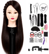 Wigs & More Oefenhoofd - Kapperspop - Kappershoofd bruin haar - Incl. tafelklem en styling accessoires - 65 cm