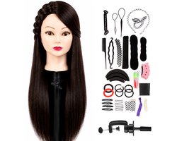 Wigs & More Oefenhoofd - Kapperspop - Kappershoofd bruin haar - Incl. tafelklem en styling accessoires - 65 cm