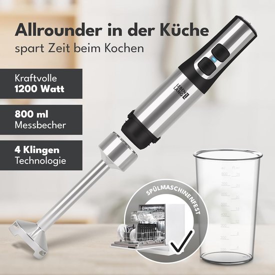 Staafmixer Set - Keukenmixer Blender - Eten Bereiden - Krachtige 1500 Watt Motor - 800 ml Cup - Zilver — afbeelding 3