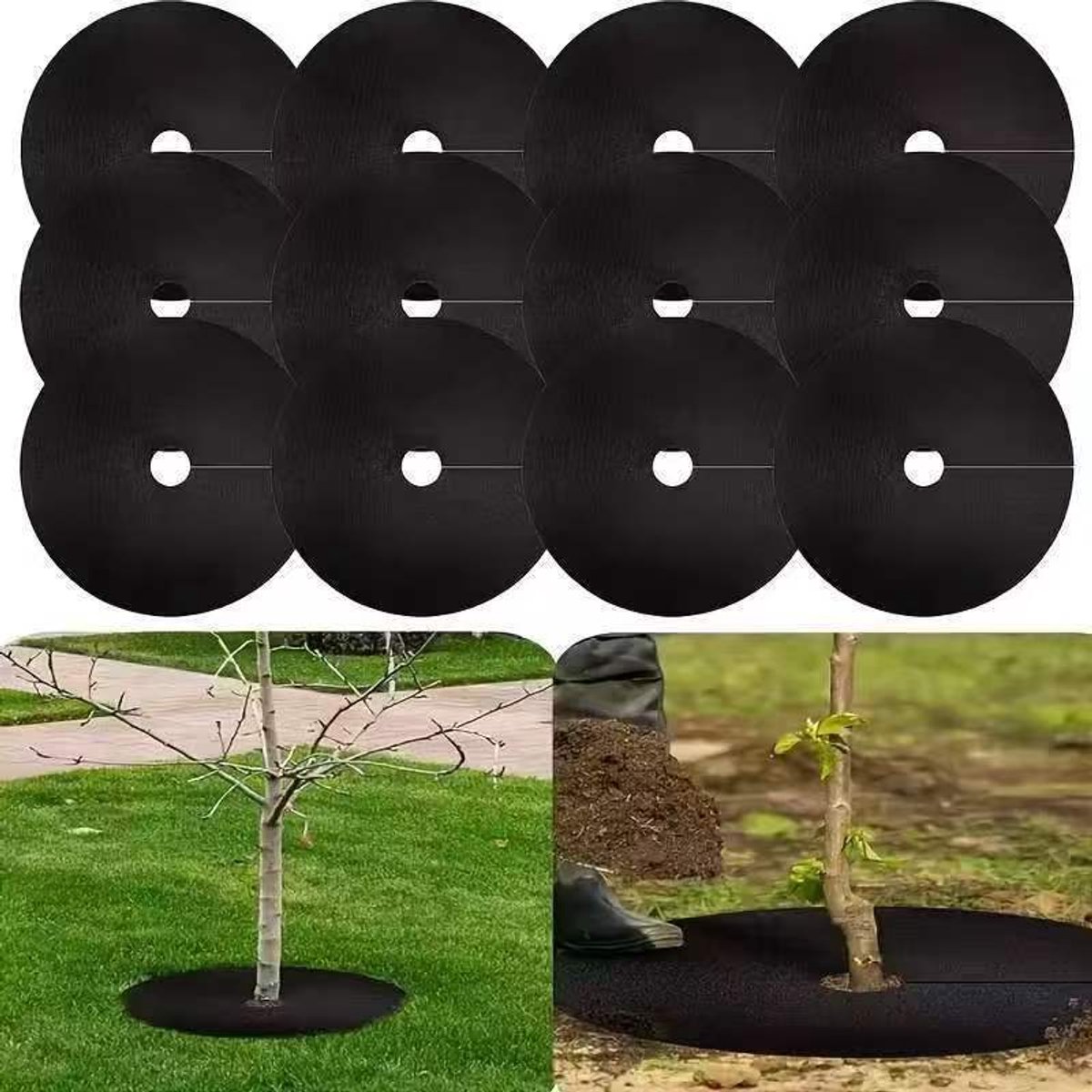 12‑stuks zwarte mulchringen (plant‑/boombeschermmatten), diameter 32 cm, herbruikbare afdekringen voor onkruidbestrijding