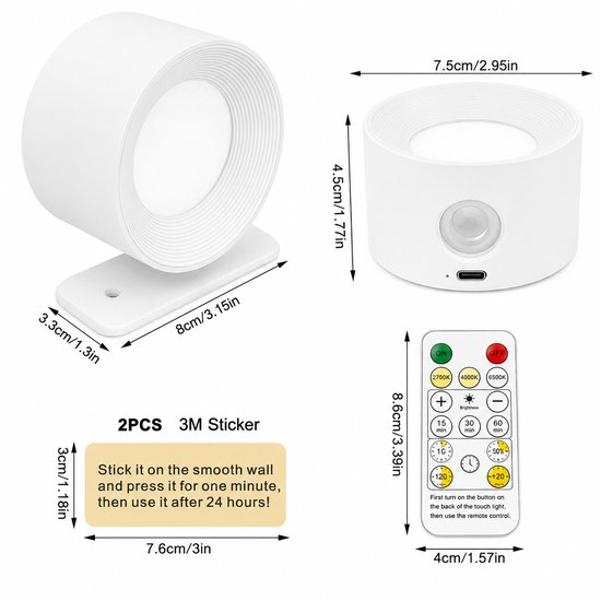 LED-wandlamp voor binnen met batterij, 1 stuk, touchbediening, 3 helderheidsniveaus, 360° draaibaar, geschikt voor woonkamer, slaapkamer, trap, gang, draadloze wandlamp, wit van Merkloos — afbeelding 4