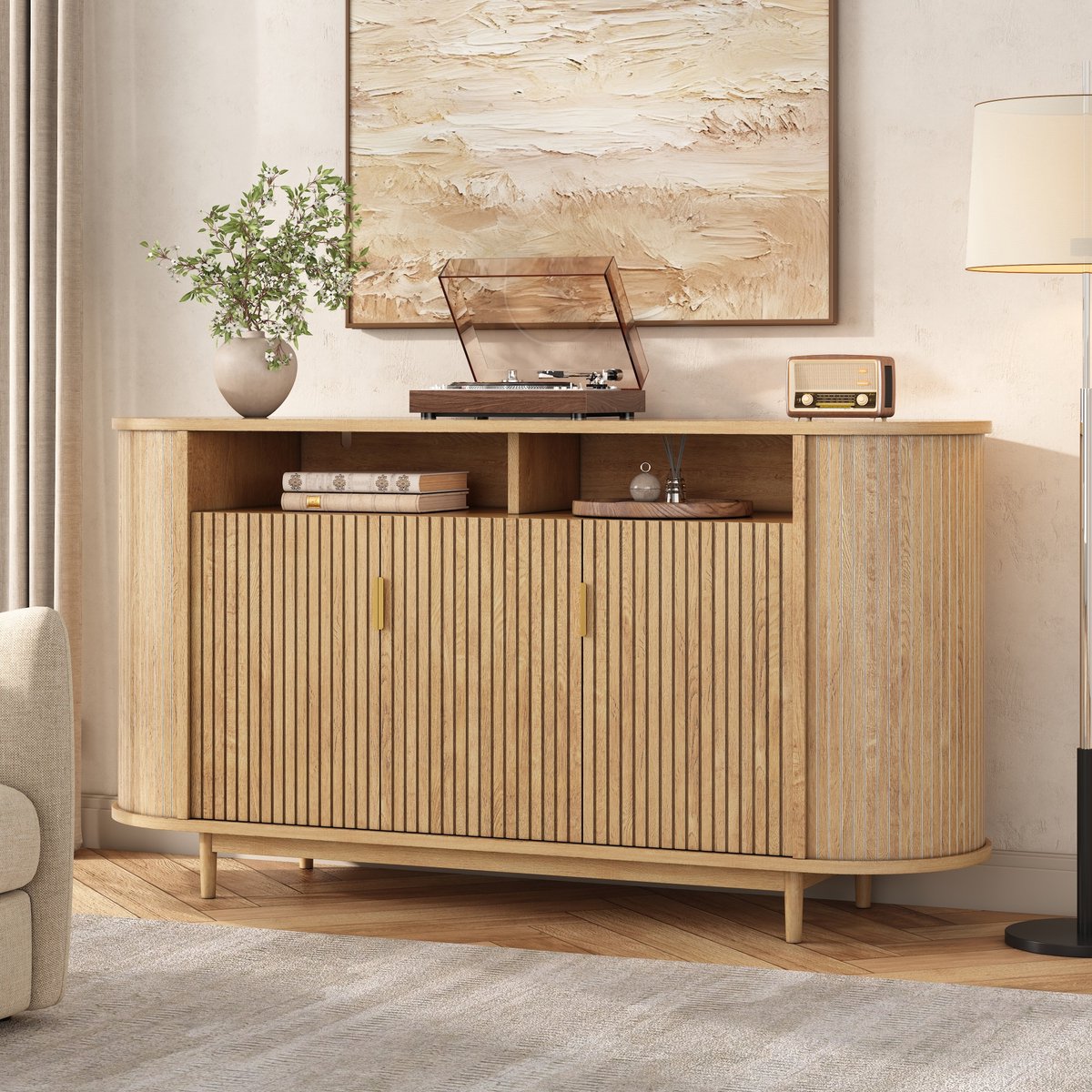 PHOEBE CAT Dressoir - Halmeubel - Kast met 3 deuren - Houtlook - MDF - Houten poten - Natuurlijke