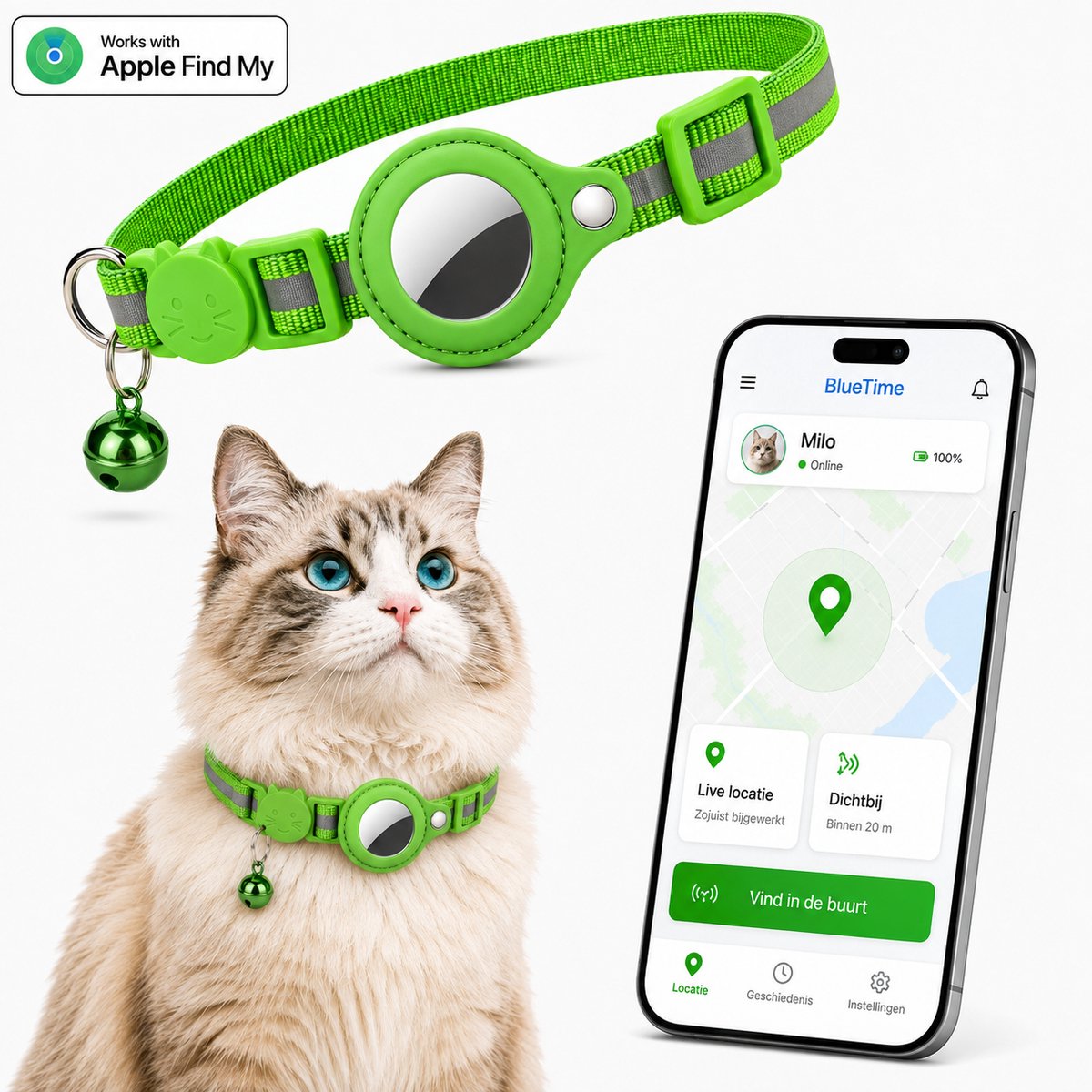 BlueTime® Kattenhalsband - Katten Bandje met Tracker - Halsband Incl. GPS Tag voor Apple Find My - Verstelbaar met Veiligheidssluiting en Belletje - voor Kat & Kitten - Zonder Abonnement - Air Cat Collar - Groen