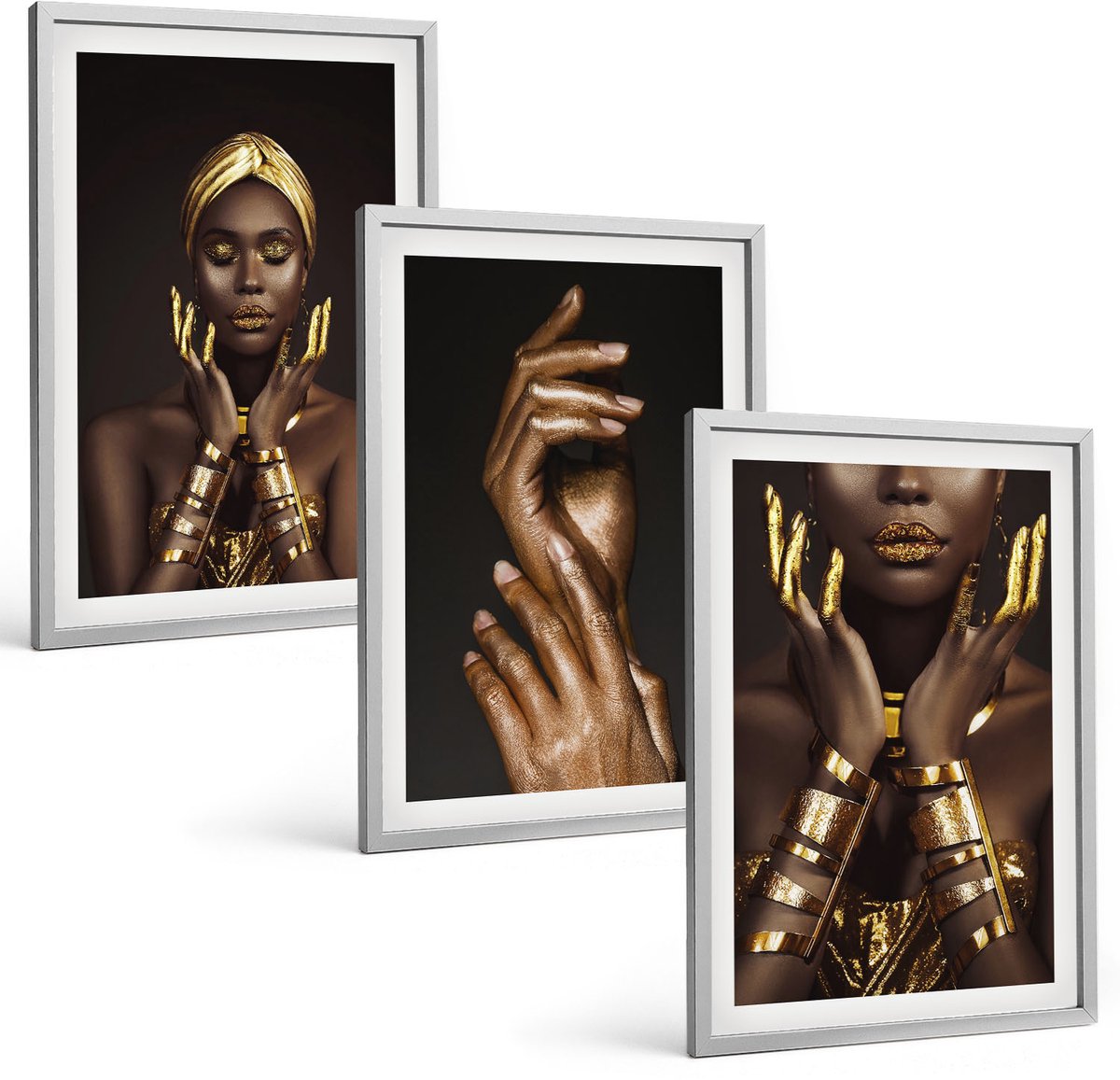 Coloray 3-Delige Schilderij Set - Elegante Portretten Van Een Afrikaanse Vrouw - 40 x 60 cm - Stijlvolle Wanddecoratie - Interieur - Woonkamer Decoratie