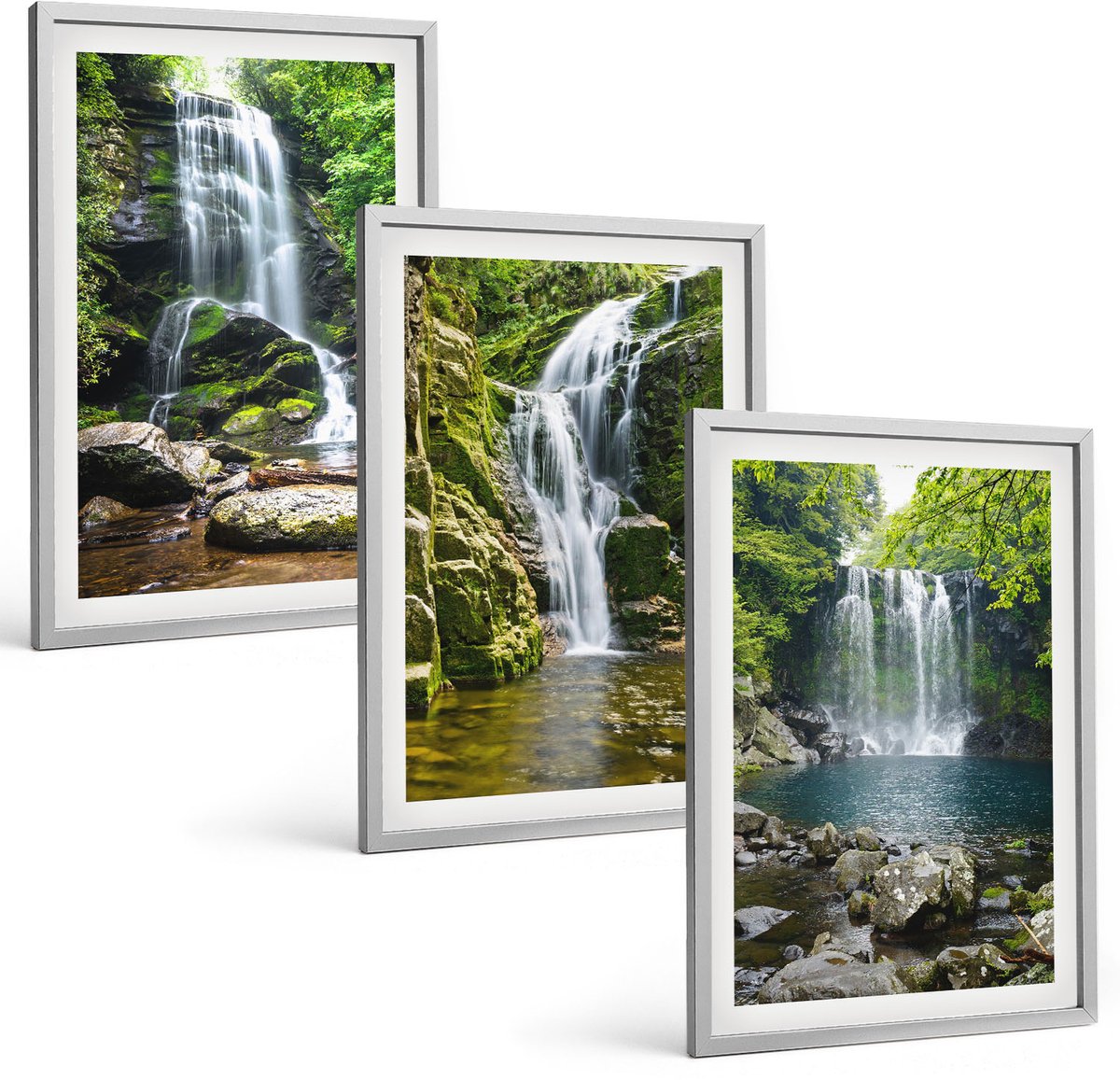 Coloray 3-Delige Schilderij Set - Watervallen In Een Groene Omgeving Met Stenen En Water. - 40 x 60 cm - Muurdecoratie - Schilderijen Set - Woonkamer - Moderne Wanddecoratie