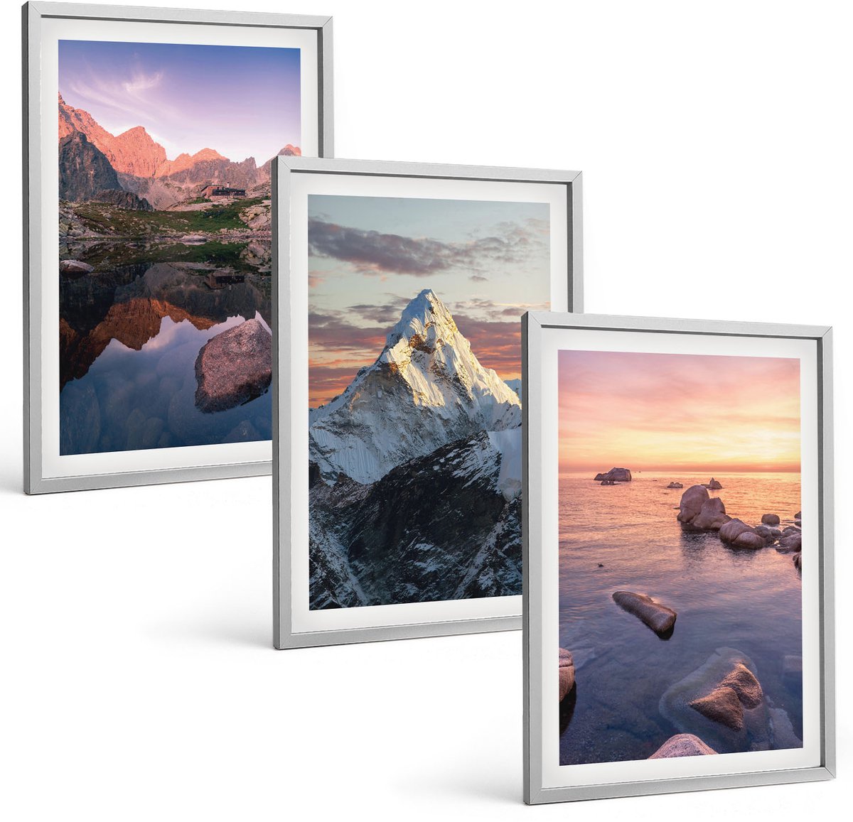Coloray 3-Delige Schilderij Set - Berglandschappen Met Water En Rotsen Op De Achtergrond. - 40 x 60 cm - Stijlvolle Wanddecoratie - Interieur - Interieur Decoratie