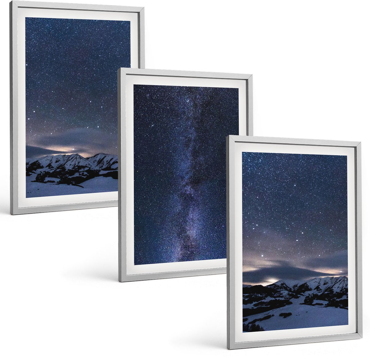 Coloray 3-Delige Schilderij Set - Nachtelijke Hemel Met Sterren En Berglandschap - 40 x 60 cm - Muurdecoratie - Wanddecoratie - Slaapkamer - Woonkamer Decoratie