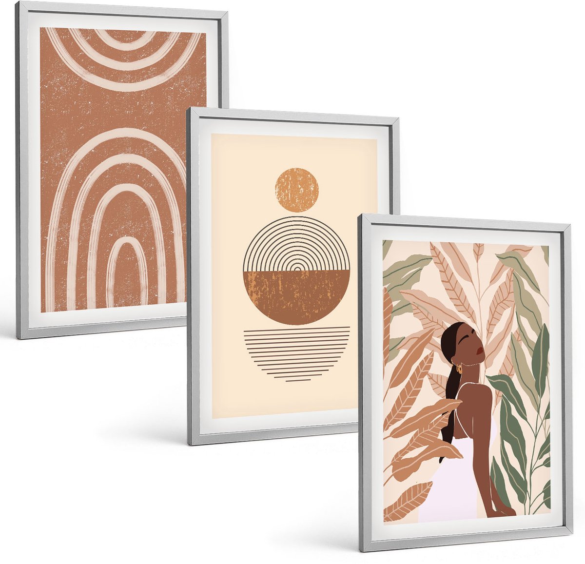 Coloray 3-Delige Schilderij Set - Stijlvolle Patronen Met Plantmotieven En Geometrische Vormen. - 40 x 60 cm - Decoratieve Schilderijen - Woonkamer - Interieur - Interieur Decoratie