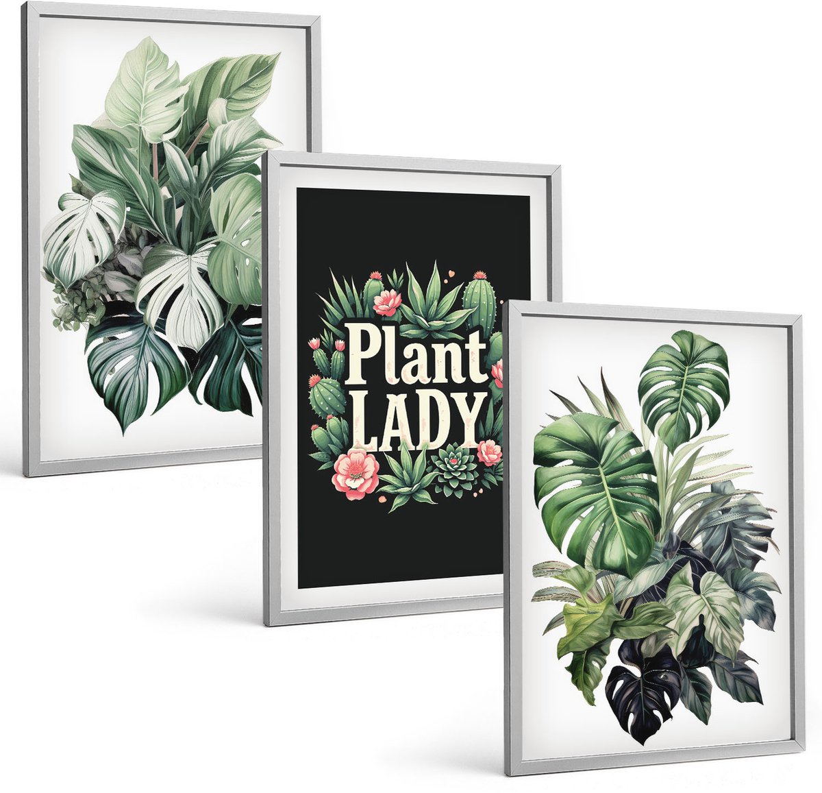 Coloray 3-Delige Schilderij Set - Tropische Planten Met Het Opschrift 'Plant Lady' In Het Groen. - 40 x 60 cm - Decoratieve Muurdecoratie - Slaapkamer - Stijlvolle Muurdecoratie
