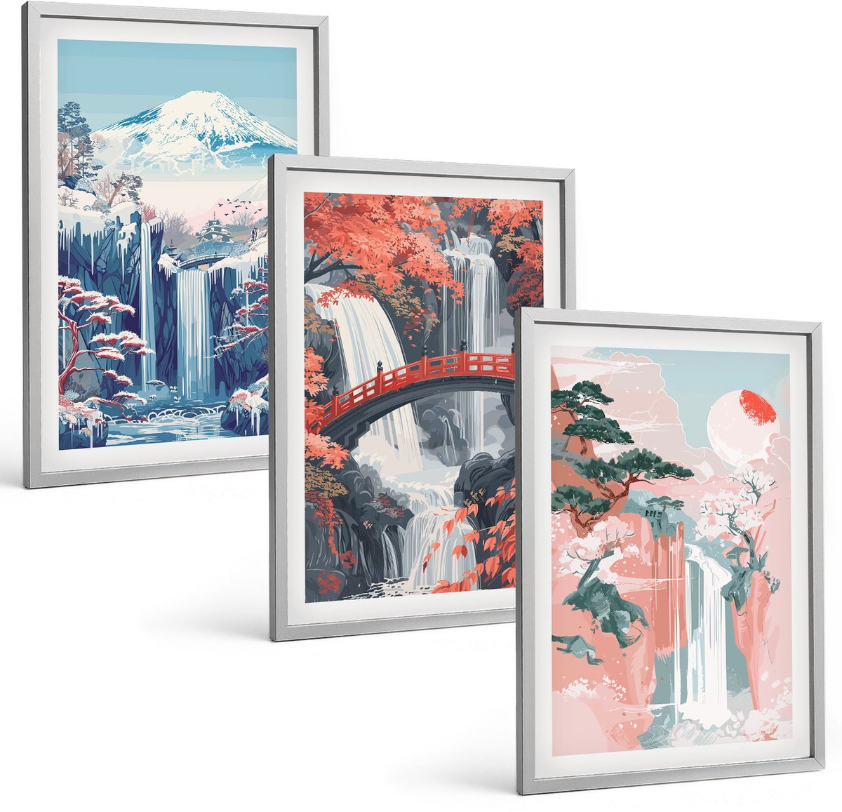 Coloray 3-Delige Schilderij Set - Watervallen, Bergen Met Een Brug En Bloeiende Bomen - 40 x 60 cm - Decoratieve Schilderijen - Woonkamer - Interieur
