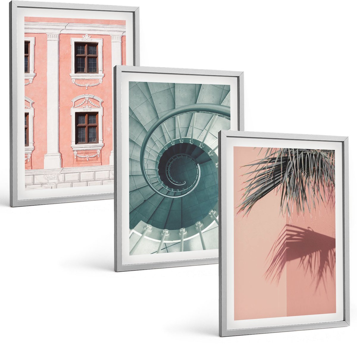 Coloray 3-Delige Schilderij Set - Pastelkleurige Architectuur En Spiraalpatronen - 40 x 60 cm - Wanddecoratie - Muurdecoratie - Woonkamer - Woonkamer Decoratie
