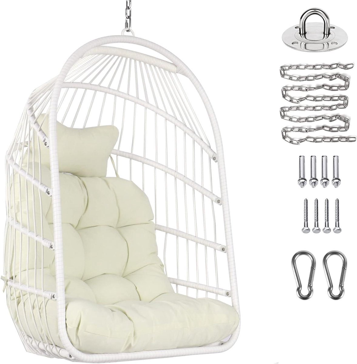 Hangstoel Rotan - Mand Stoel - Ontspannen Buiten - Opvouwbaar Ontwerp - Max 150kg - Wit