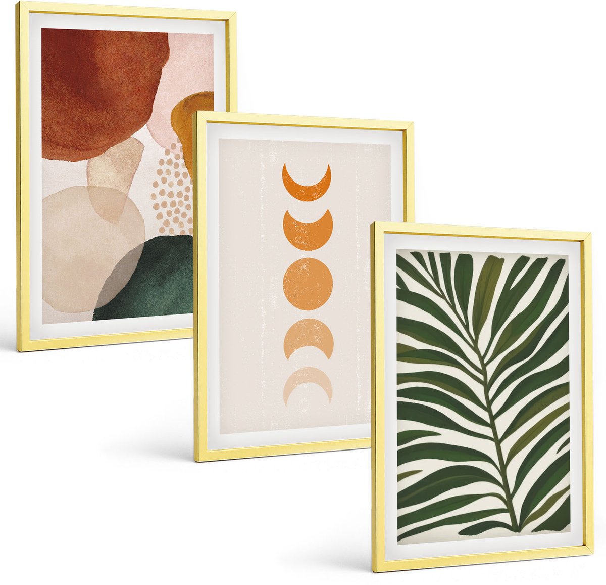 Coloray 3-Delige Schilderij Set - Abstracte Vormen In Warme Kleuren En Bladeren - 40 x 40 cm En 40 x 60 cm - Stijlvolle Muurdecoratie - Slaapkamer - Decoratieve Schilderijen