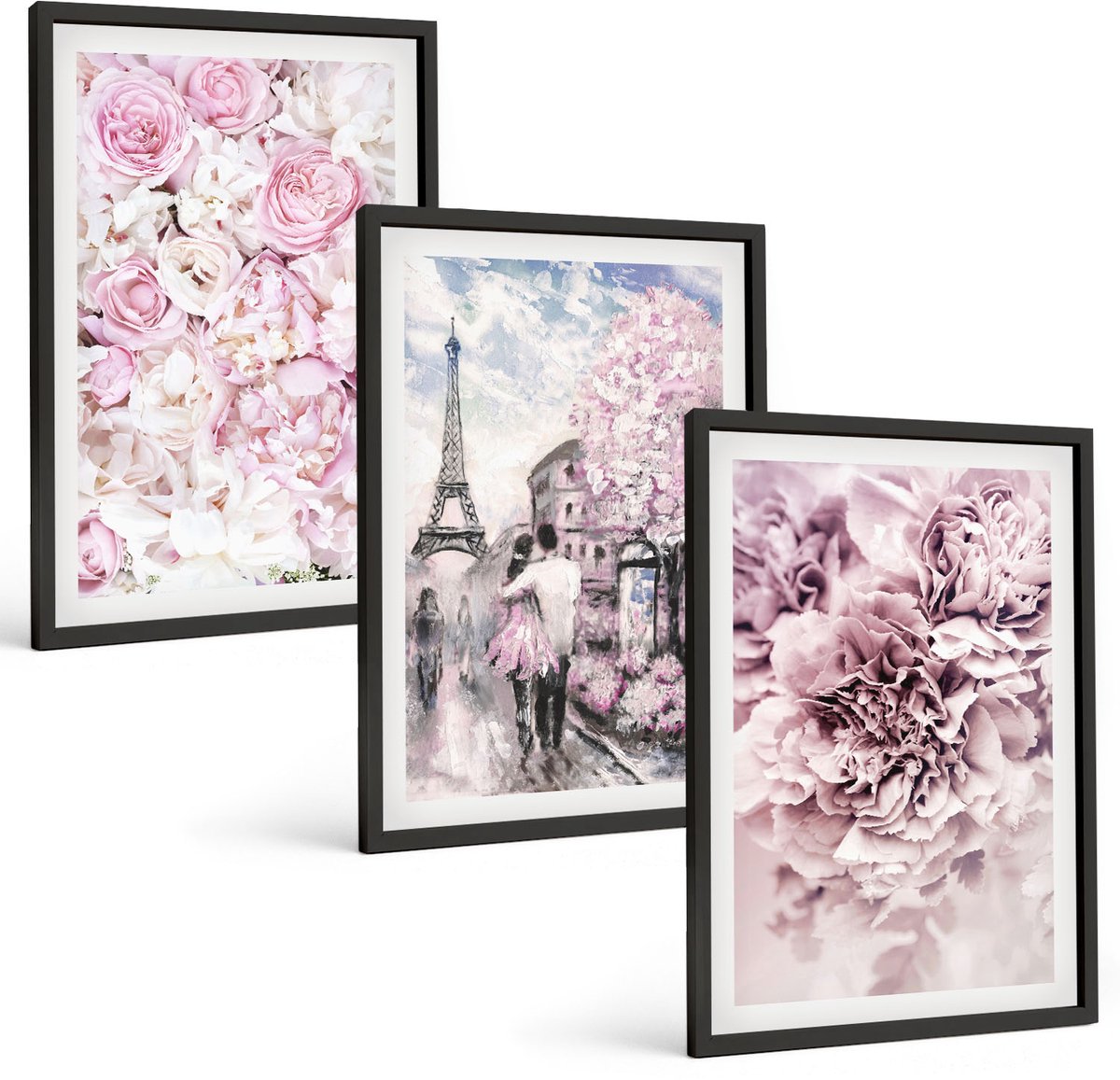 Coloray 3-Delige Schilderij Set - Bloemen In Verschillende Tinten Roze, Romantisch Landschap - 40 x 60 cm - Wanddecoratie - Schilderijen Set - Kantoor - Moderne Wanddecoratie