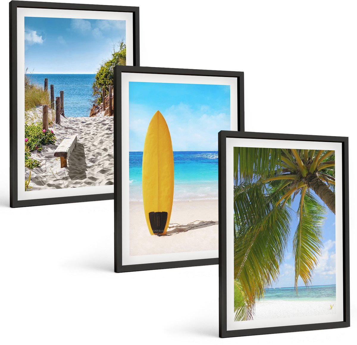 Coloray 3-Delige Schilderij Set - Vakantiegezichten, Strandgolven En Palmbomen In De Tropen - 40 x 60 cm - Muurdecoratie - Wanddecoratie - Hal - Stijlvolle Muurdecoratie