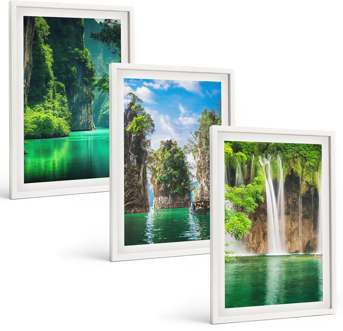 Coloray 3-Delige Schilderij Set - Groene Landschappen Met Watervallen En Rotsen - 40 x 60 - Decoratieve Schilderijen - Woonkamer - Interieur