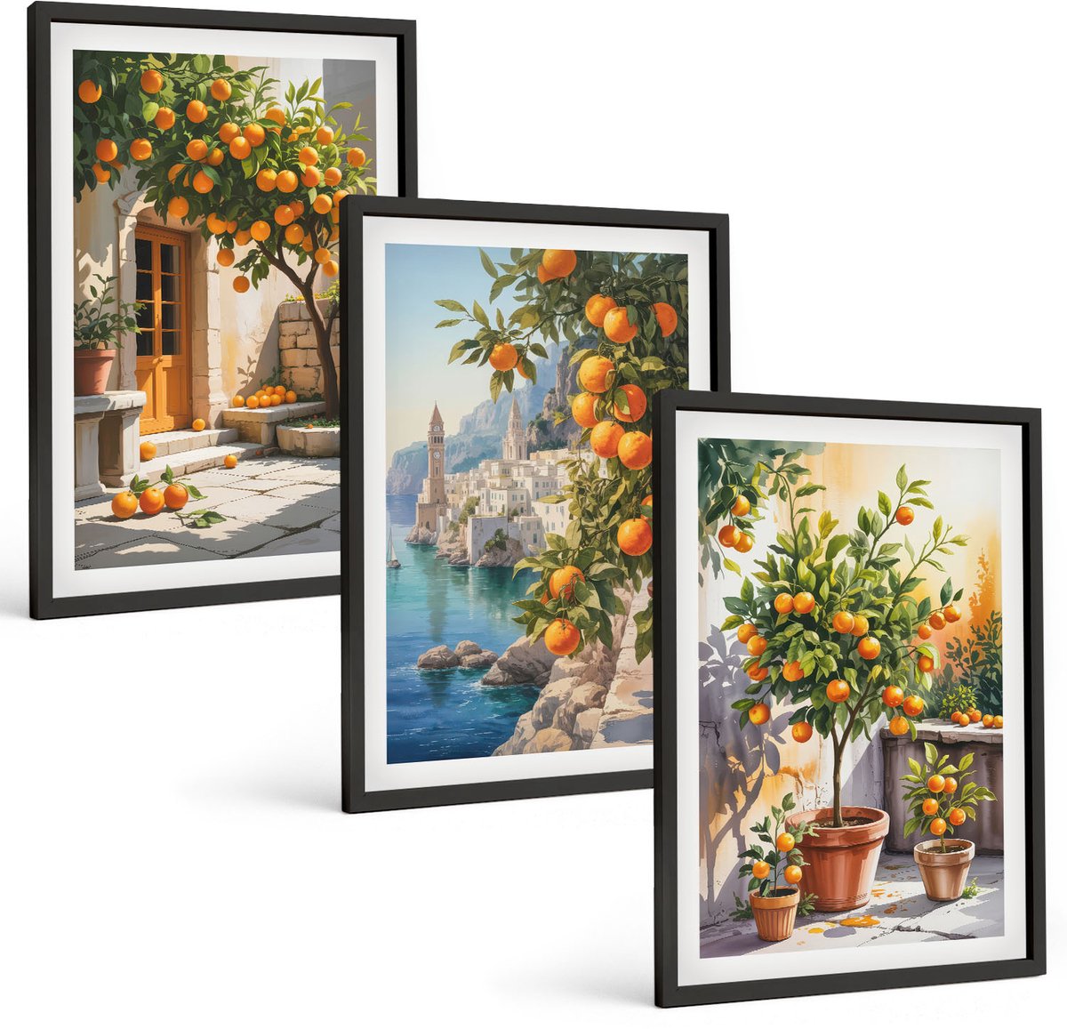 Coloray 3-Delige Schilderij Set - Geschilderde Citrusvruchten En Kustlandschappen - 40 x 60 cm - Wanddecoratie - Schilderijen Set - Kantoor - Decoratieve Schilderijen