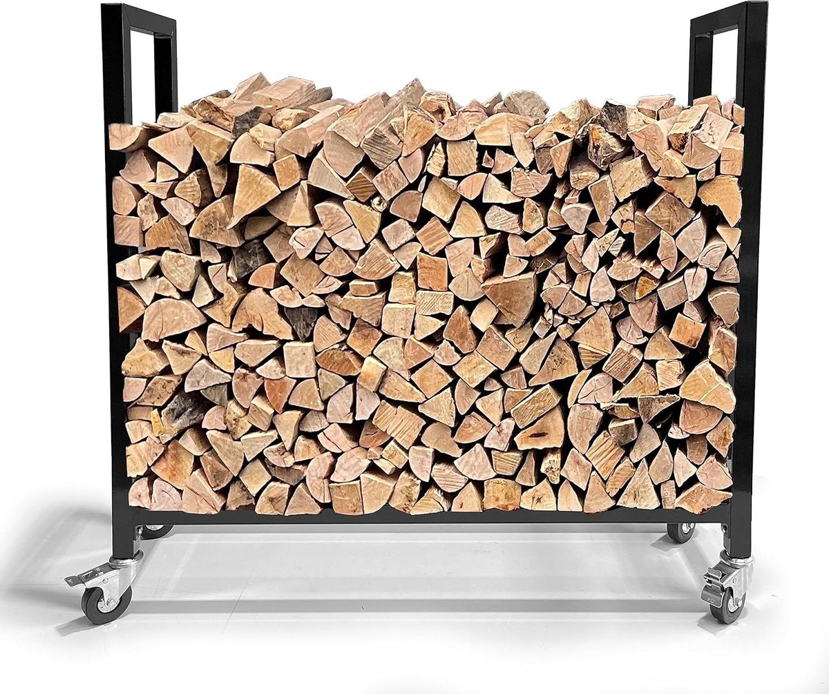 Houtopslag Rek - Stapel Hulp - Haardhout Opslag - Met Wielen - 90x25x90 cm - Zwart