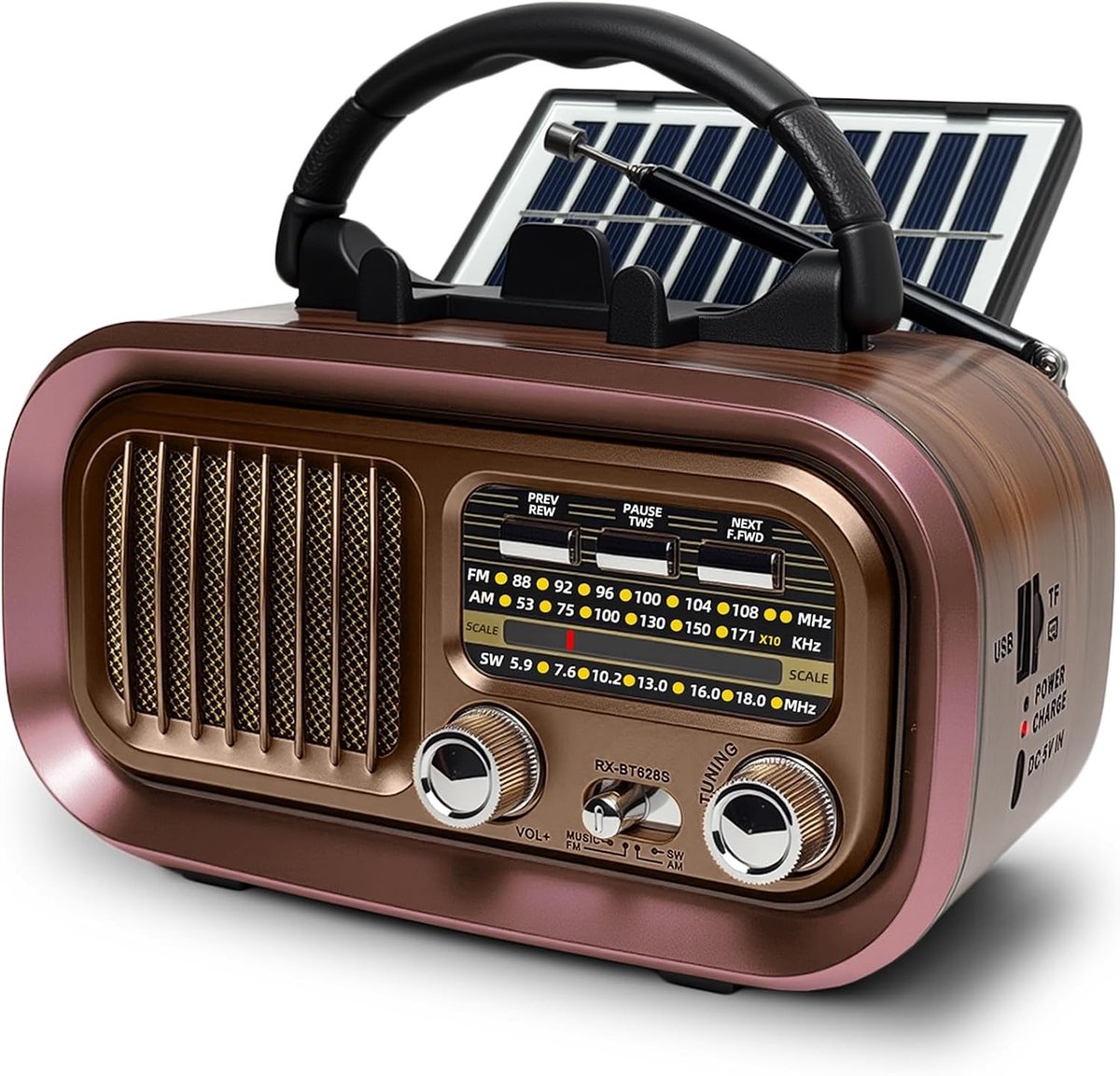 Draagbare Postradio - Bruin - 17 x 9,5 x 10,7 cm - Retro Radio met Zonnepaneel en Oplaadbare Batterijen - Voor Kamperen of Wandelen