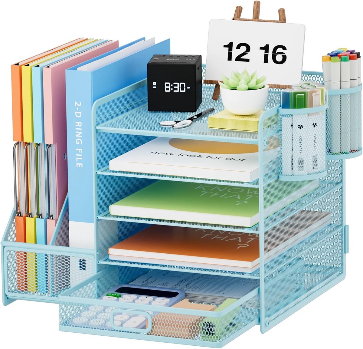 Desk Organizer met 5 Laags Briefbak, Opbergcompartiment met Lade en 2 Pennenhouders, Mesh Bureauaccessoires voor Thuis en Kantoor (Blauw)