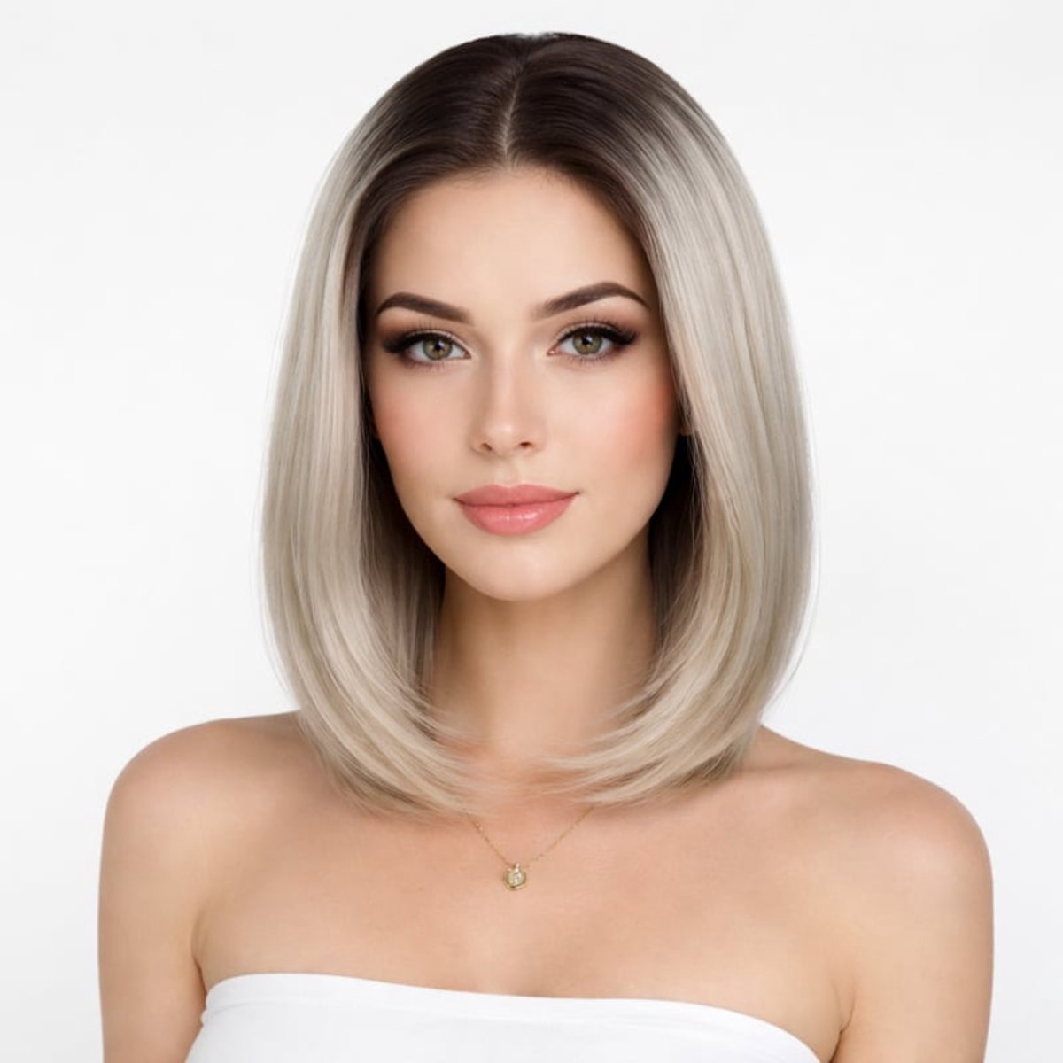 K&C Synthetische Lace Front Pruik - Khloe Bob (Donkerbruine uitgroei naar IJsblond)
