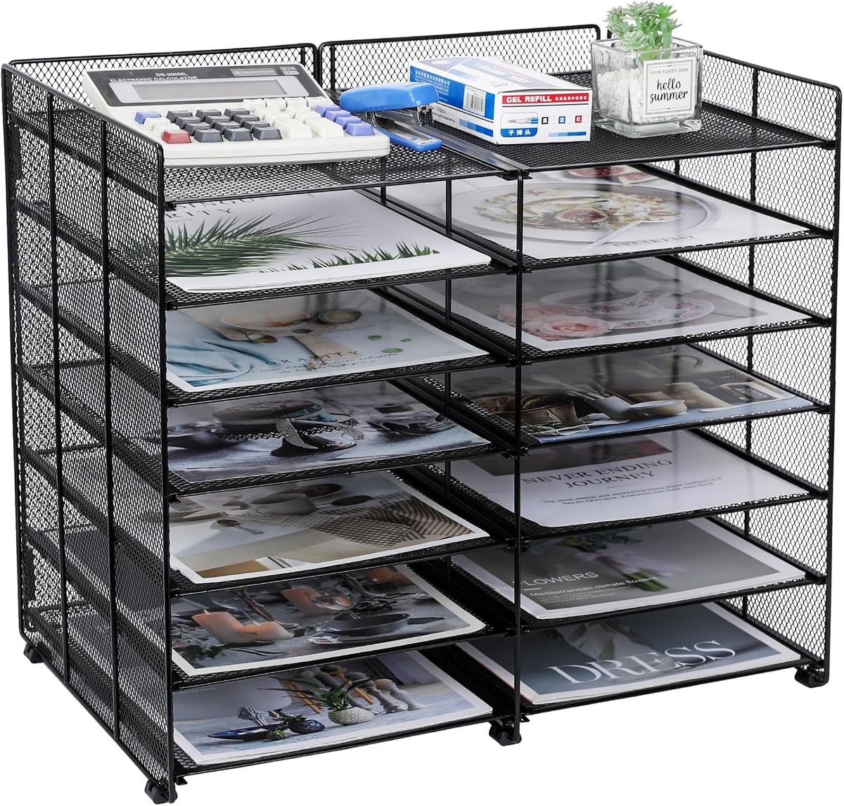 7-laags Briefhouder Bureau Organizer met 12 Compartimenten - Verstelbare Bestanden Sorter en Tijdschriften Rek voor een Opgeruimd Bureau, Zwart