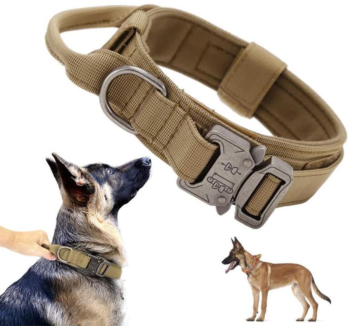 KZQ Tactische hondenhalsband – Verstelbare halsband van militair-kwaliteit nylon – Voorzien van handvat voor controle en robuuste metalen gesp – Geschikt voor middelgrote tot grote honden – Maat L – Bruin